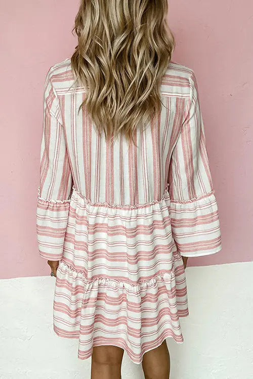 Striped Flares Sleeve Tiered Mini Dress - Fashionpara