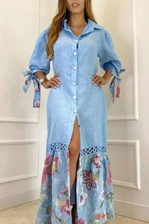Tie Long Sleeve Button Maxi Dress - Fashionpara