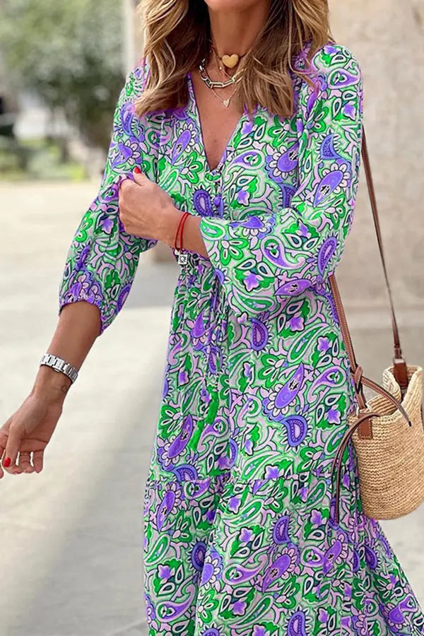 Boho Paisley V Neck Long Sleeve Maxi Dress - Fashionpara