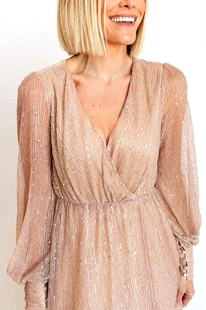 Sparkle Puff Long Sleeve Slit Maxi Dress - Fashionpara