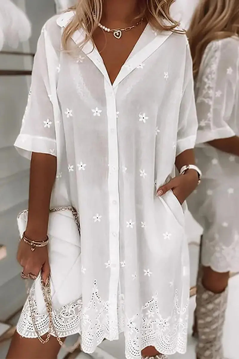 Hollow Pockets Button Half Sleeve Shirt Dress - Fashionpara