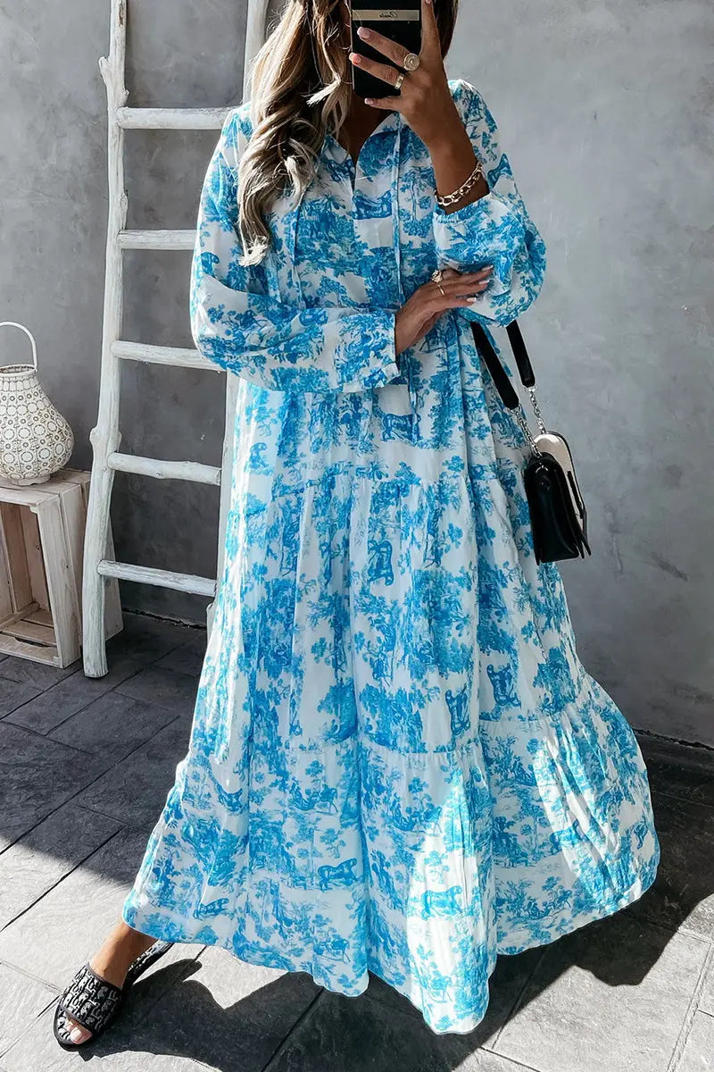 Floral V Neck Long Sleeve Maxi Dress - Fashionpara
