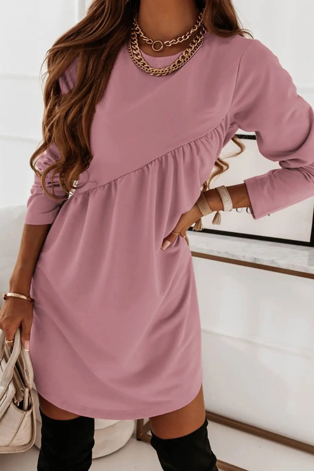 O Neck Long Sleeve Babydoll Tunic Dress - Fashionpara