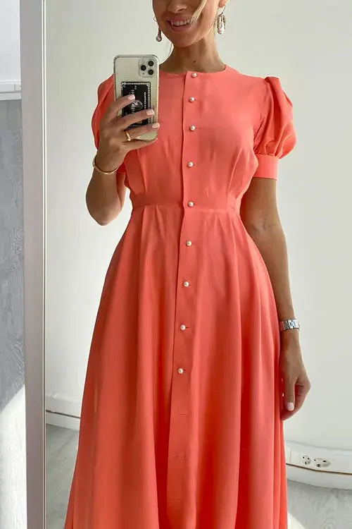 Pearl Button O Neck Shirt Maxi Dress - Fashionpara