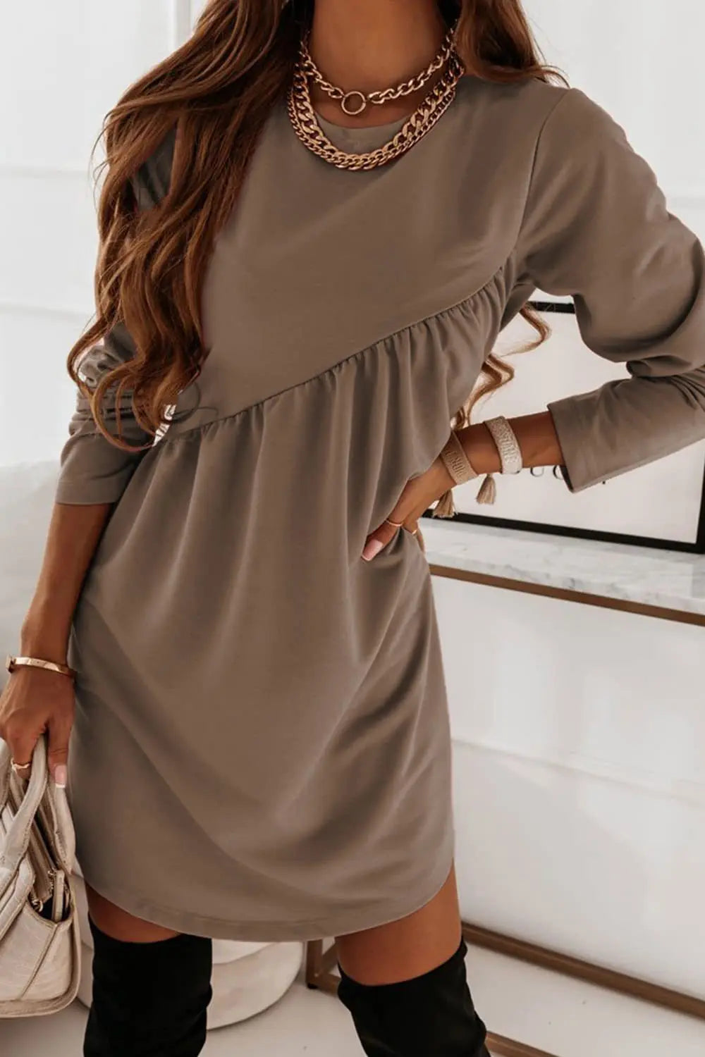 O Neck Long Sleeve Babydoll Tunic Dress - Fashionpara