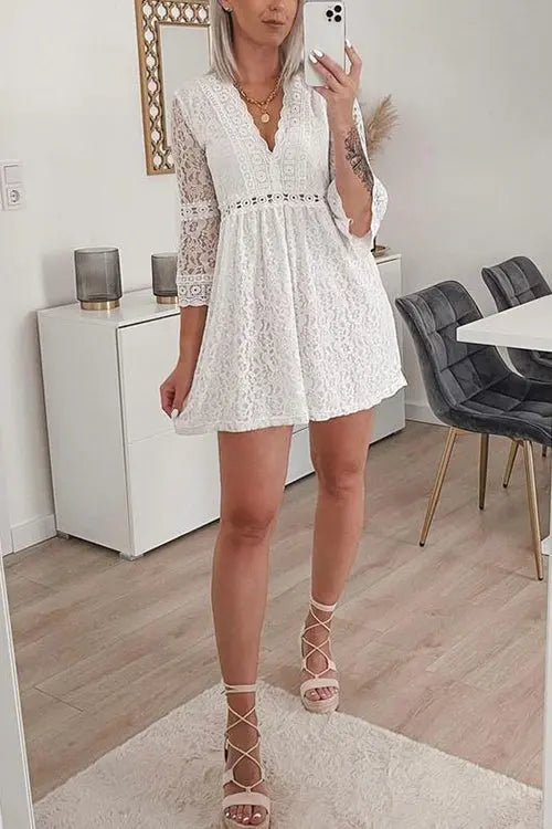 See Though Flares Sleeve V Neck Mini Dress - Fashionpara