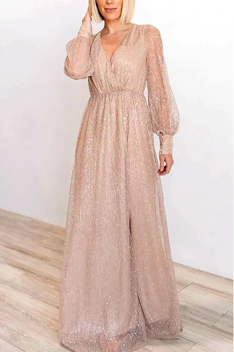 Sparkle Puff Long Sleeve Slit Maxi Dress - Fashionpara