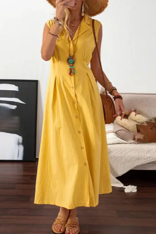 Lapel button Sleeveless Midi Dress - Fashionpara