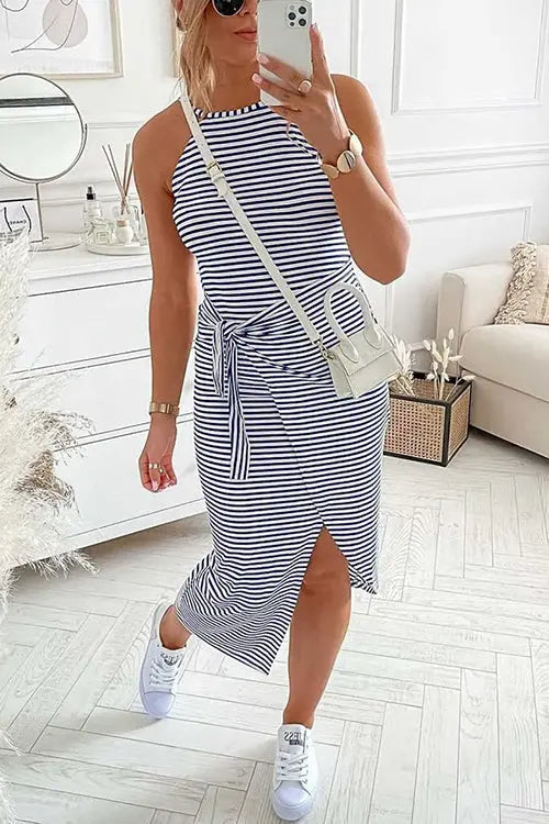 Striped Wrap Tie Asymmetric Halter Midi Dress - Fashionpara