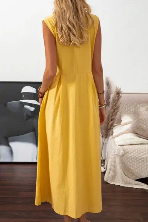 Lapel button Sleeveless Midi Dress - Fashionpara