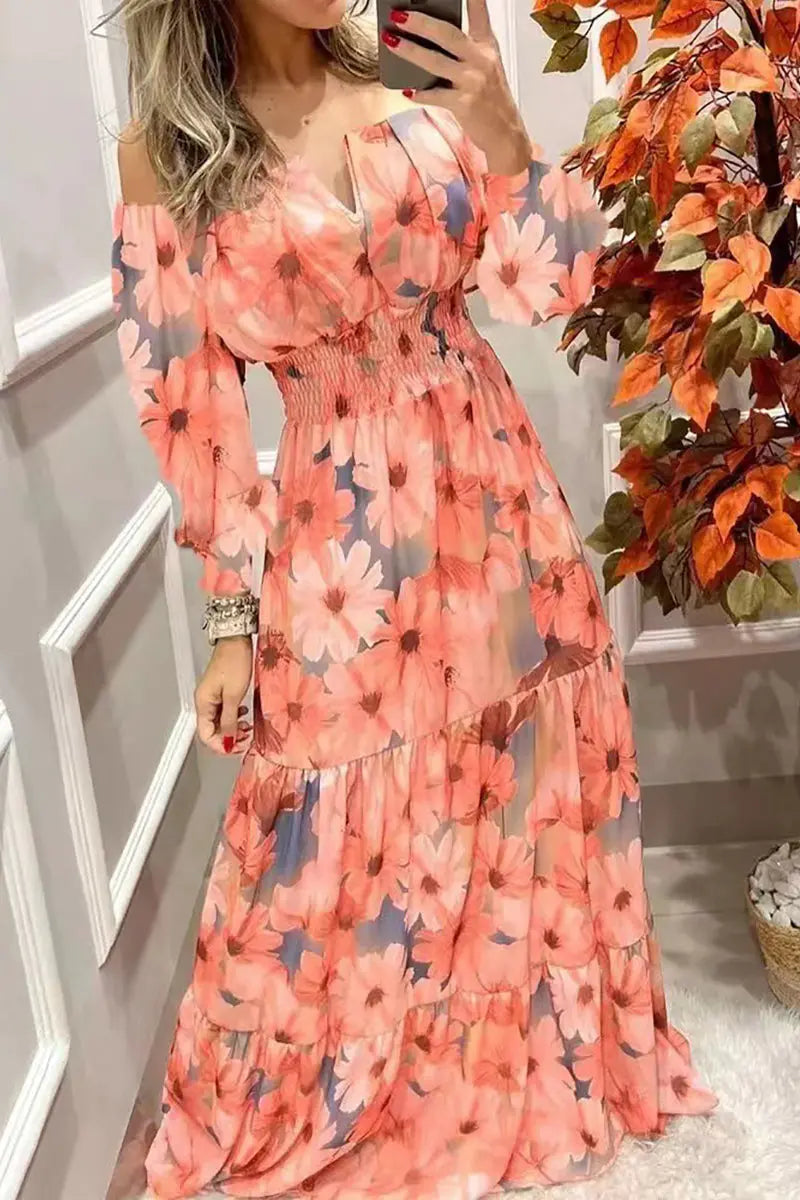 Floral Off Shoulder V Neck Maxi Dress - Fashionpara