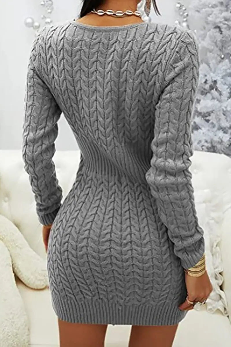 Zipper V Neck Bodycon Sweater Dress - Fashionpara