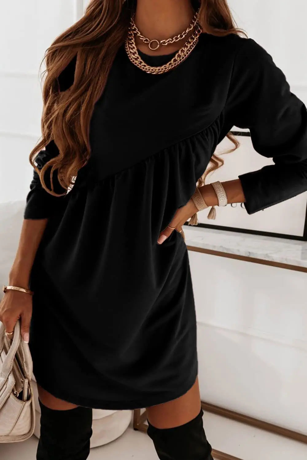 O Neck Long Sleeve Babydoll Tunic Dress - Fashionpara