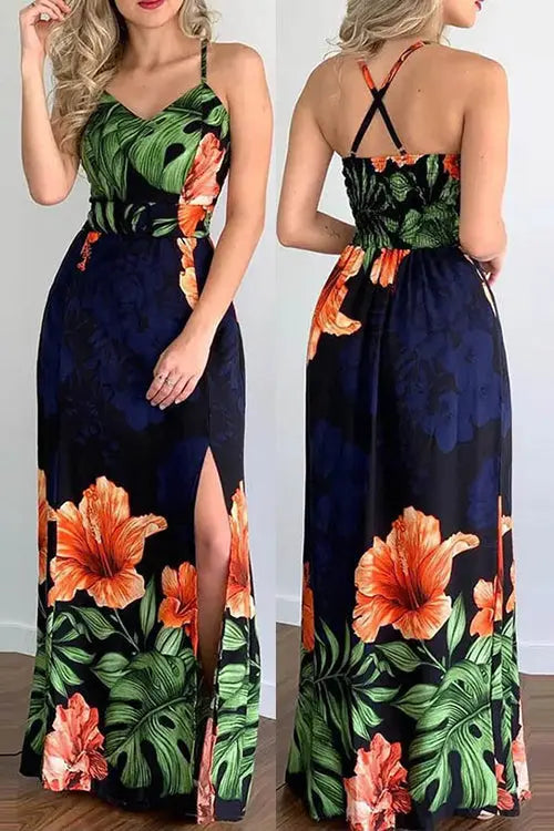 Tropical Print Slit Crisscross Backless Maxi Dress - Fashionpara