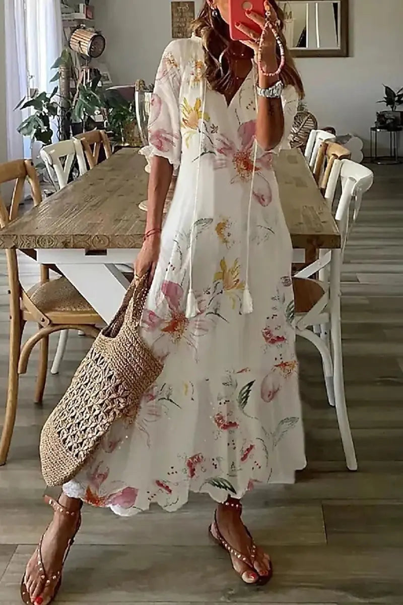 Boho V Neck Floral Maxi Dress - Fashionpara