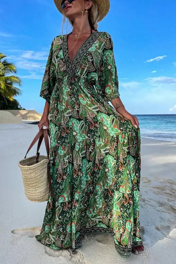 Paisley Print V Neck Bat Sleeve Maxi Dress - Fashionpara