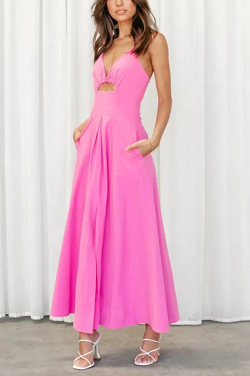 Cut Out Backless V Neck Maxi Dress - Fashionpara