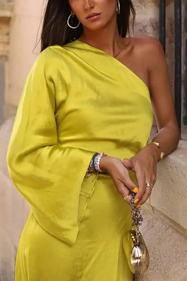 Satin One Shoulder Flares Sleeve Slit Midi Dress - Fashionpara