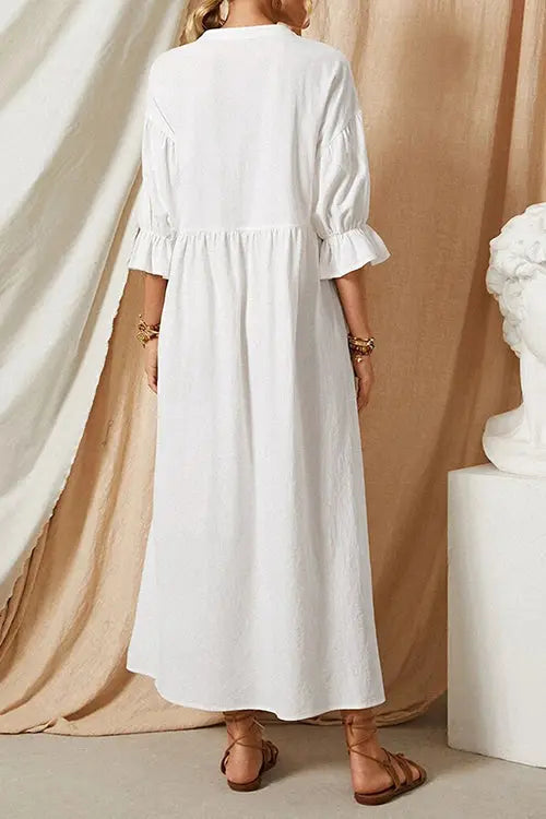 Button Pockets O Neck Midi Dress - Fashionpara