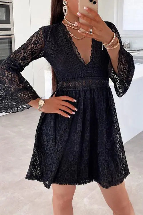 See Though Flares Sleeve V Neck Mini Dress - Fashionpara