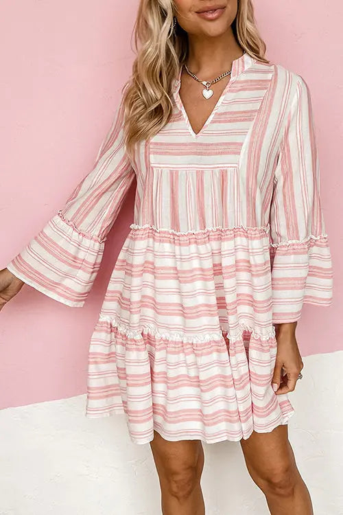 Striped Flares Sleeve Tiered Mini Dress - Fashionpara