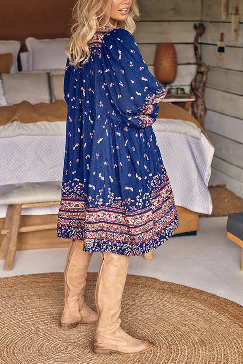 Boho Print Long Sleeve Mini Dress - Fashionpara