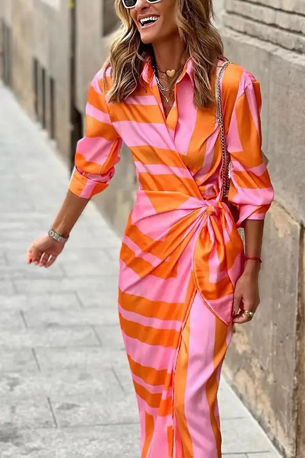Stripe Knot Shirt Collat Midi Wrap Dress - Fashionpara