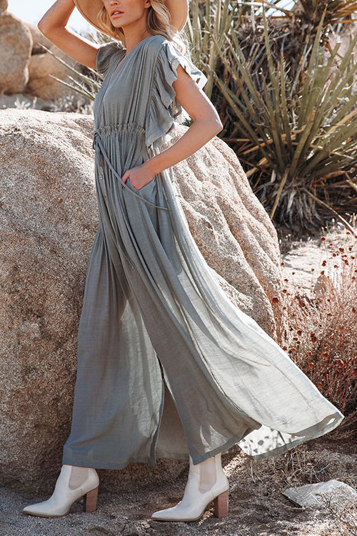 Button Drawstring Waist Bat Maxi Cover Dress  Fashionpara