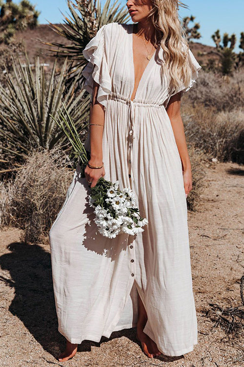 Button Drawstring Waist Bat Maxi Cover Dress  Fashionpara