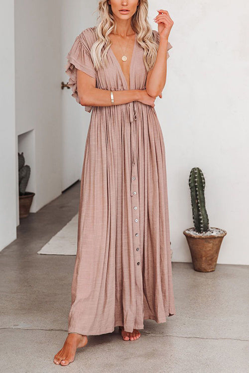 Button Drawstring Waist Bat Maxi Cover Dress  Fashionpara