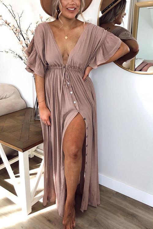 Button Drawstring Waist Bat Maxi Cover Dress - Fashionpara