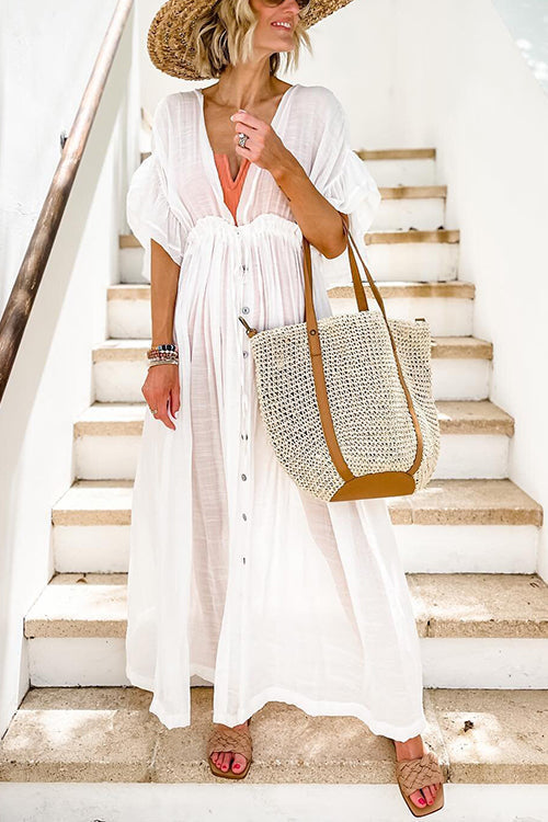 Button Drawstring Waist Bat Maxi Cover Dress - Fashionpara