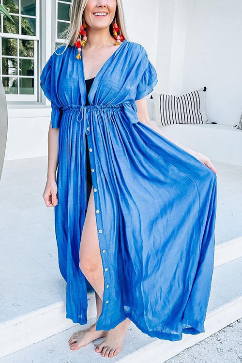 Button Drawstring Waist Bat Maxi Cover Dress - Fashionpara