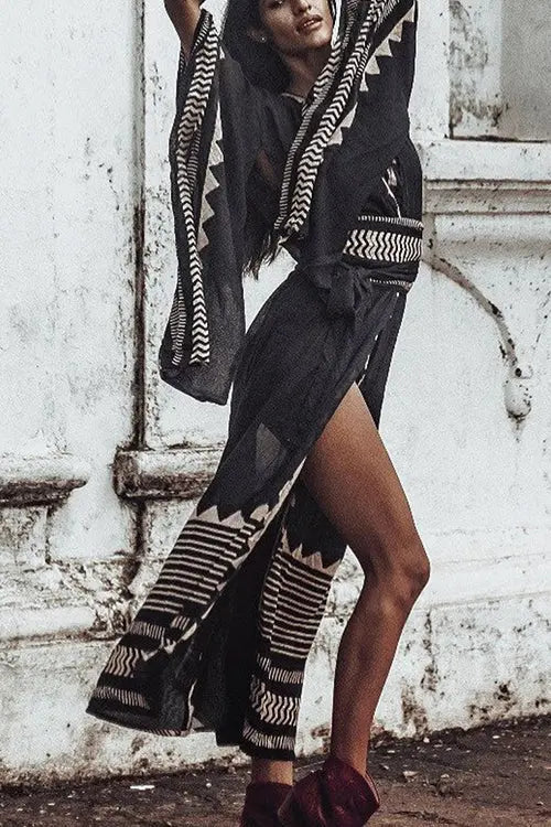 Geometry V Neck Bat Maxi Dress - Fashionpara