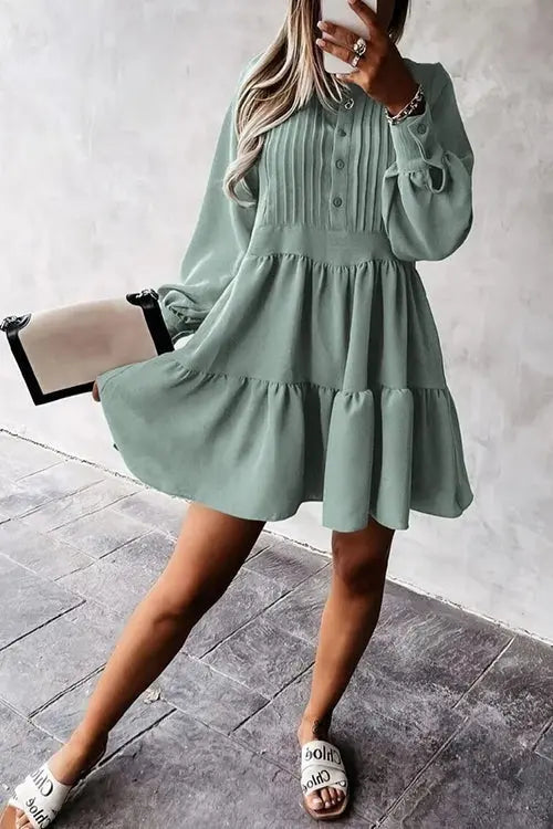 Button Layered Long Sleeve Mini Dress - Fashionpara