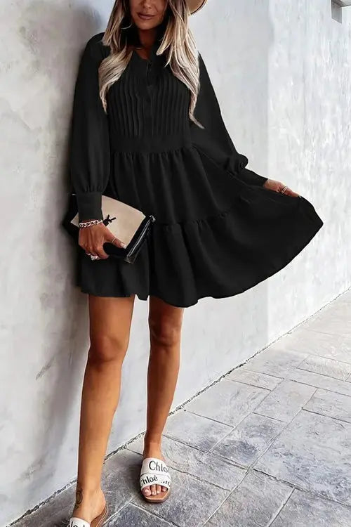 Button Layered Long Sleeve Mini Dress - Fashionpara