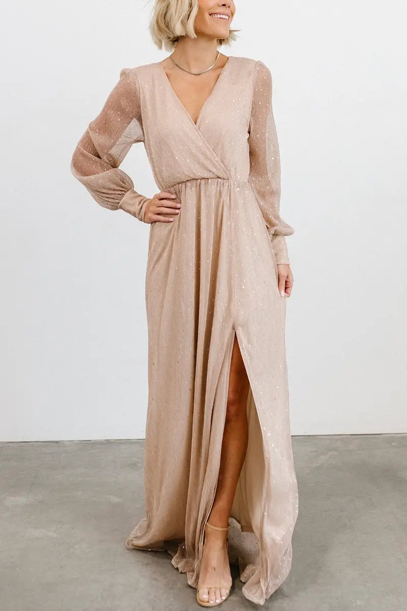 Sparkle Puff Long Sleeve Slit Maxi Dress - Fashionpara