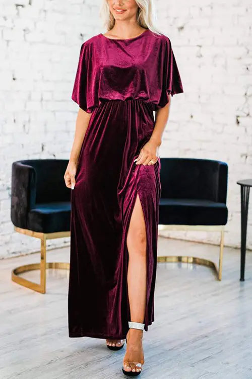 Velvet Wlastic Waist Slit Maxi Dress - Fashionpara