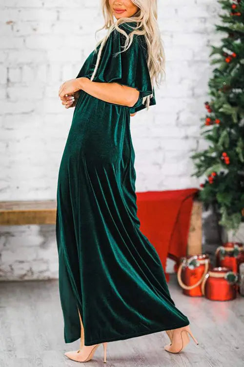Velvet Wlastic Waist Slit Maxi Dress - Fashionpara