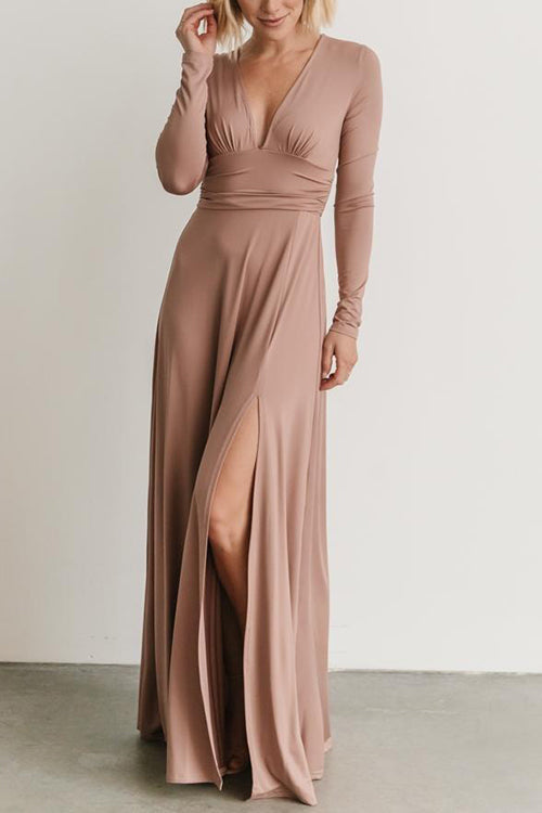 V Neck Long Sleece Slit Maxi Dress - Fashionpara
