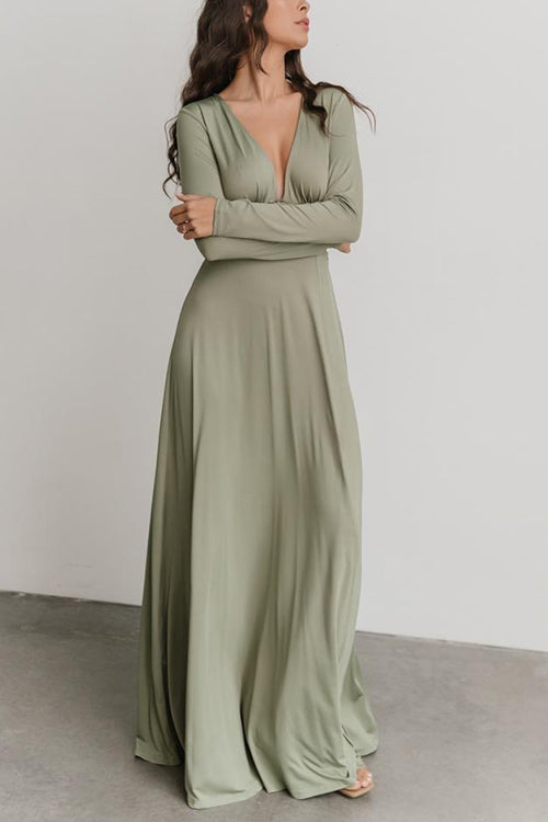 V Neck Long Sleece Slit Maxi Dress - Fashionpara