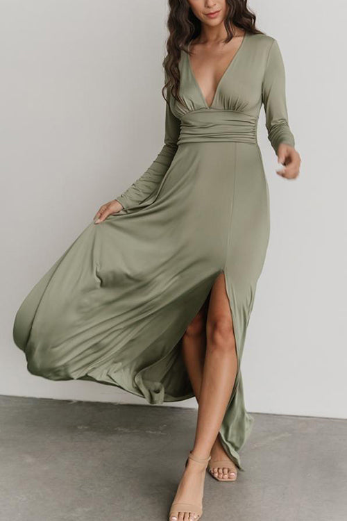 V Neck Long Sleece Slit Maxi Dress - Fashionpara