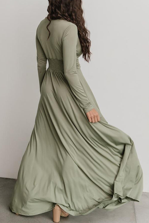 V Neck Long Sleece Slit Maxi Dress - Fashionpara