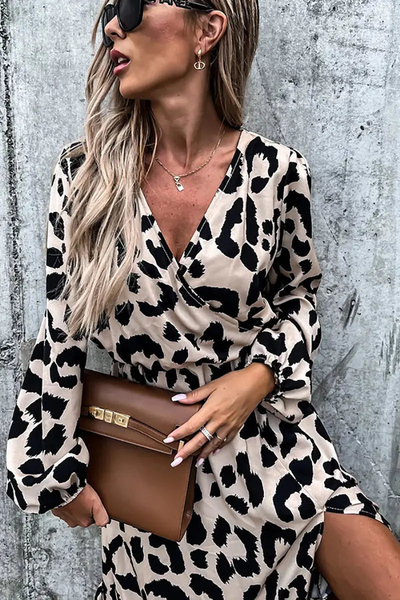 Leopard Long Sleeve Slit Midi Dress - Fashionpara