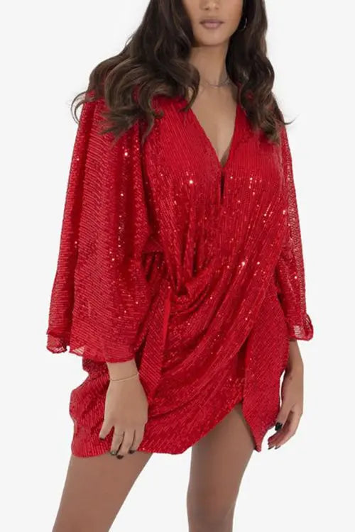 V Neck Sequins Backless Bat Ruched Mini Dress - Fashionpara