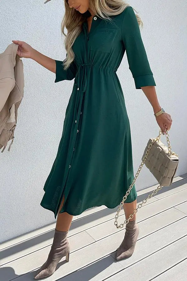 Drawstring Waist Button Midi Dress - Fashionpara