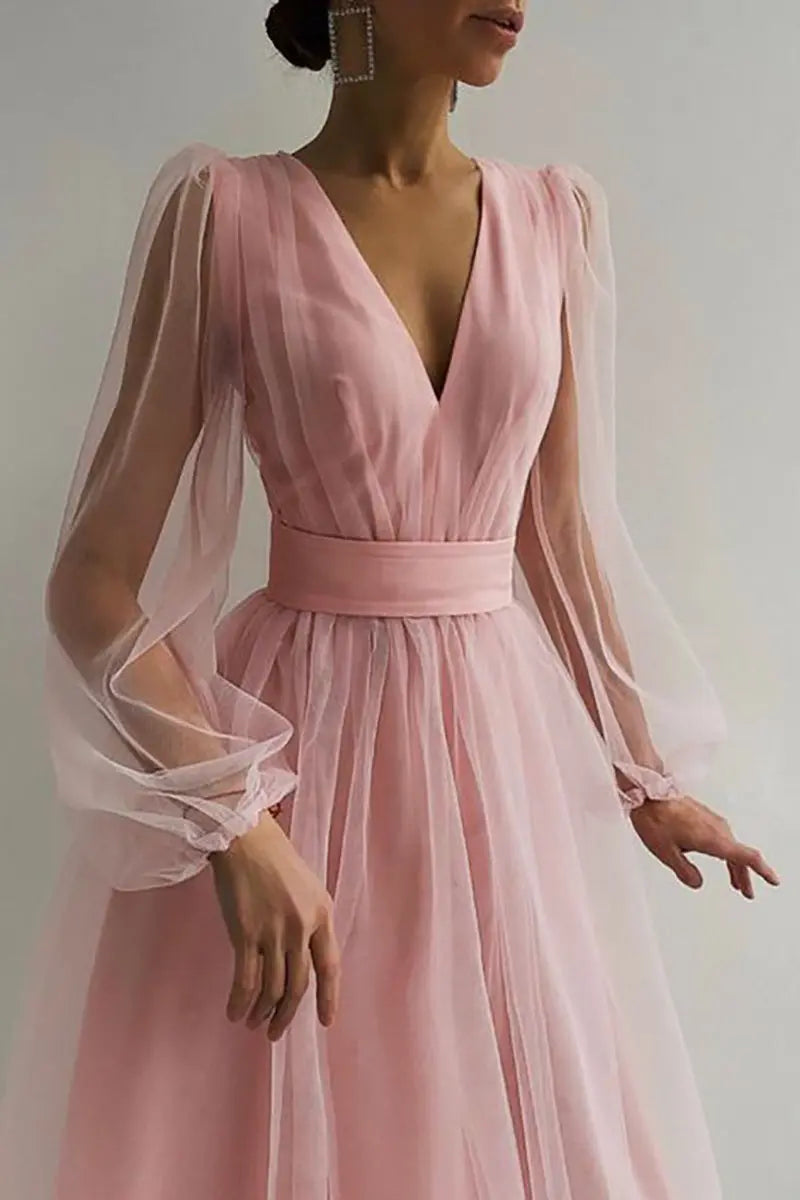 V Neck Tulle Long Sleeve Midi Dress - Fashionpara
