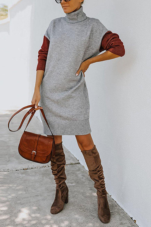 Color Block Turtleneck Sweater Dress - Fashionpara