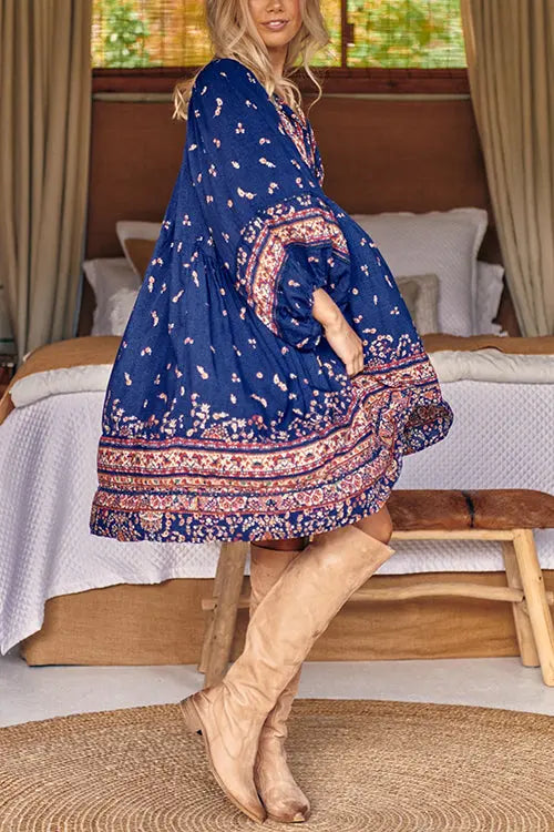 Boho Print Long Sleeve Mini Dress - Fashionpara