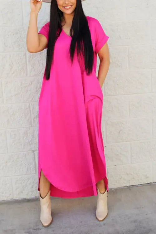 V Neck Side Slit Maxi Dress - Fashionpara